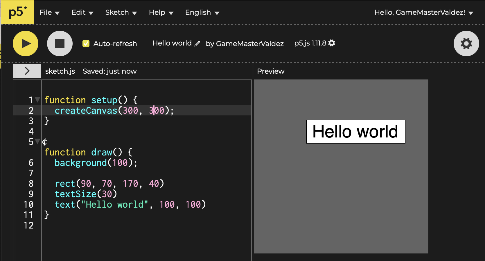 Screenshot of p5.js reference page