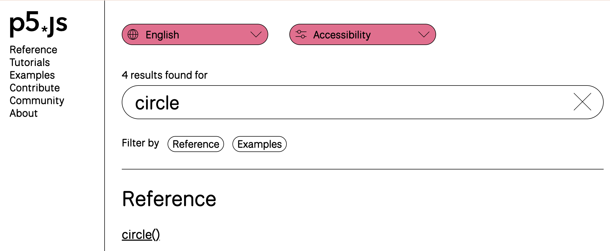 Screenshot of p5.js reference page