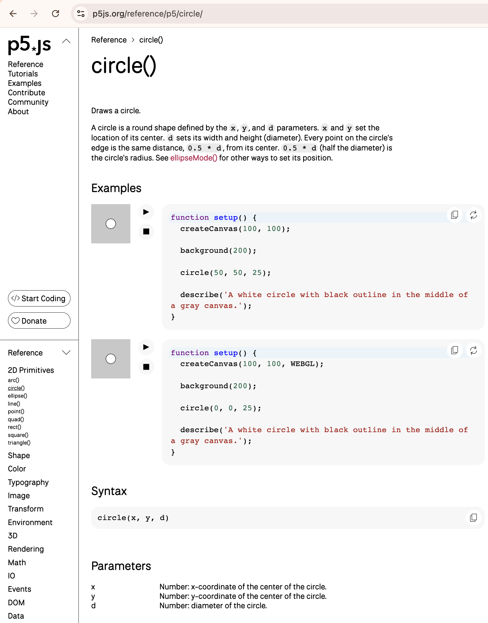 Screenshot of p5.js reference page